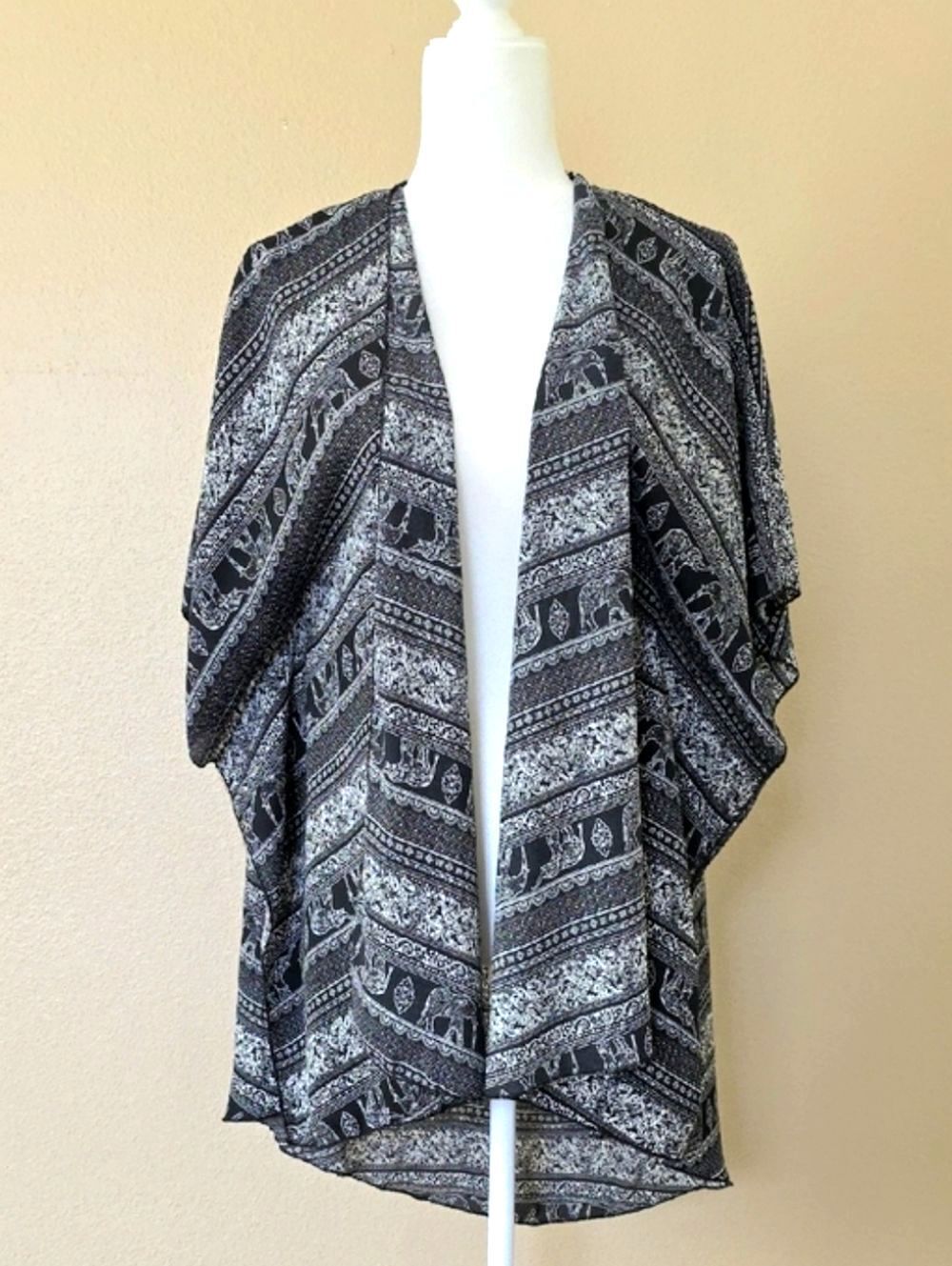 Black White Elephant Boho Drape Cardigan Coverup Beach Vacation